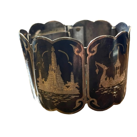 Antique Sterling silver Siam Etched black wnamel symbols Thai bangle bracelet - Picture 12 of 12